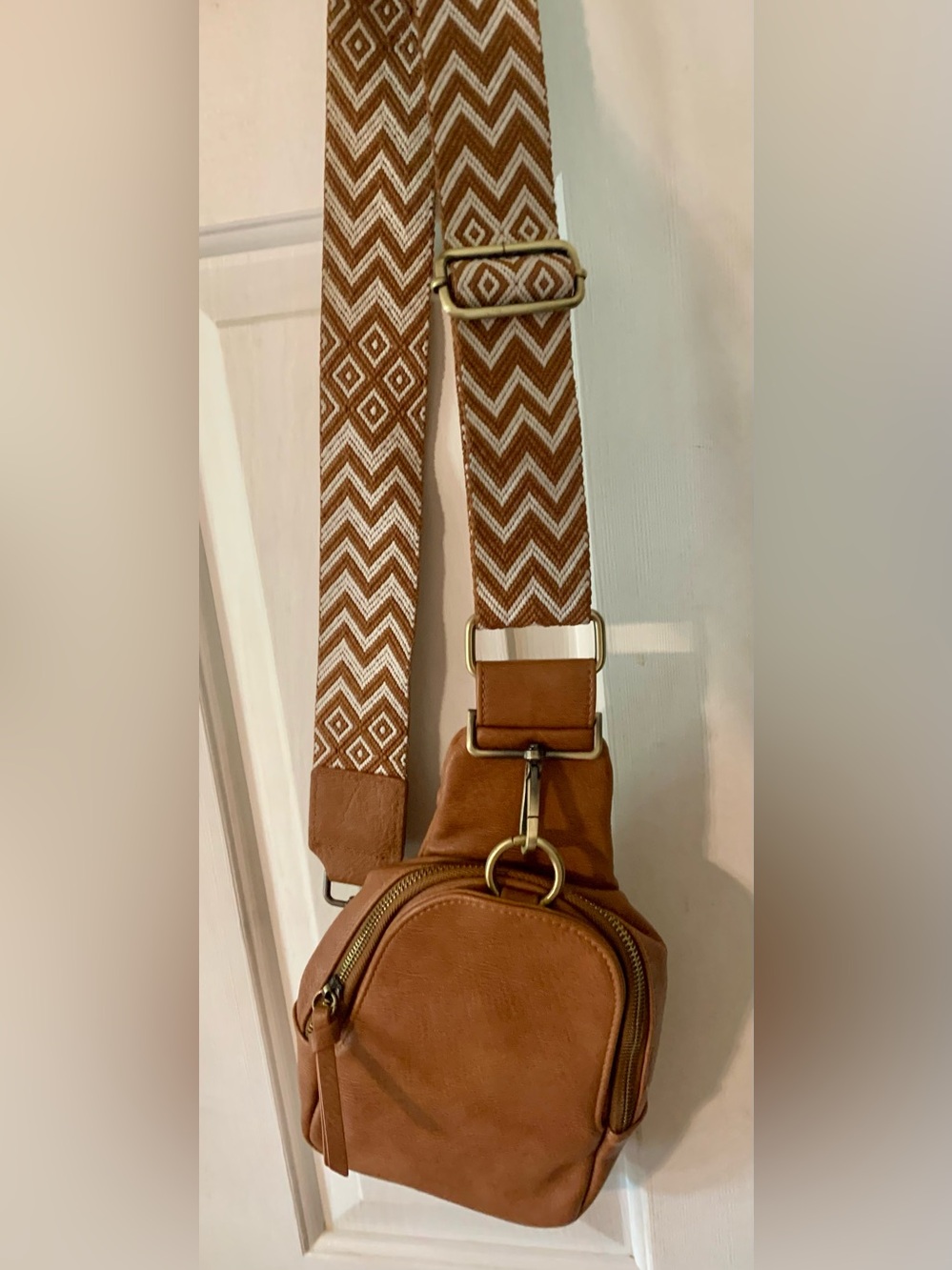 Anthropologie Brown Crossbody Sling Bag with Patterned Strap